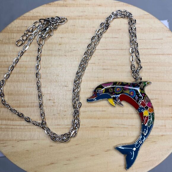 Cute Dolphin Necklace Pendant Womens Kids Colorful Ocean Animal with 20 in Chain - Picture 2 of 4